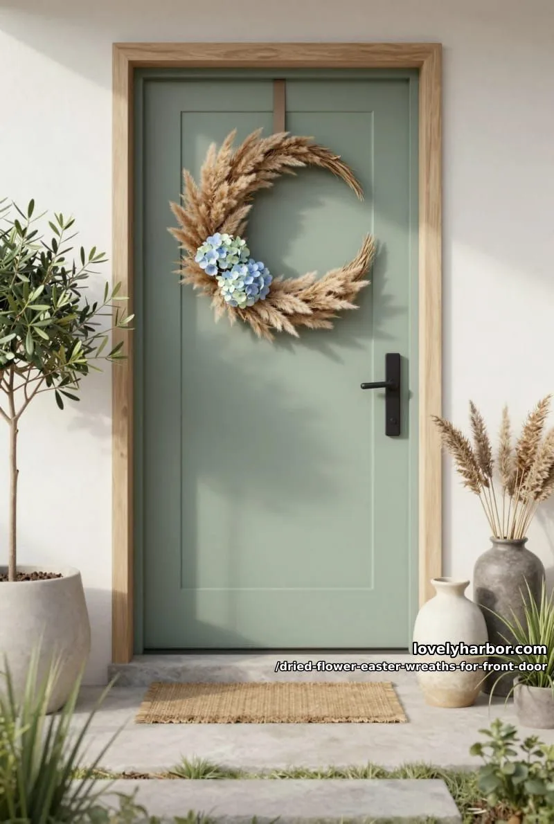 minimalist half-moon wreath with dried pampas grass and pale blue hydrangeas 1