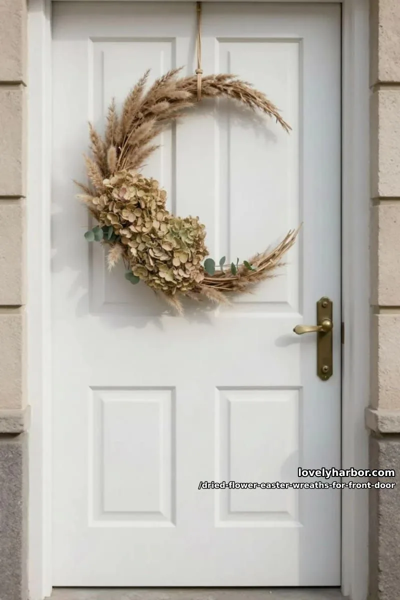 minimalist half-moon wreath with dried pampas grass and pale blue hydrangeas 1