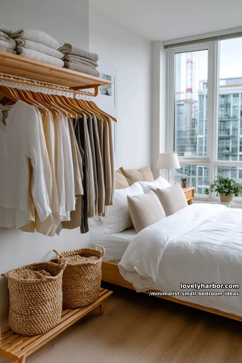 minimalist open closet with uniform wooden hangers and baskets 1