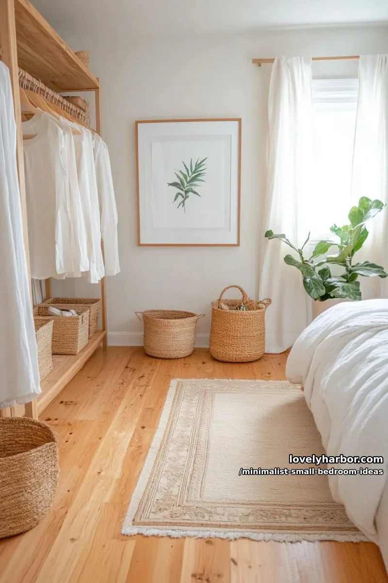 minimalist open closet with uniform wooden hangers and baskets 1