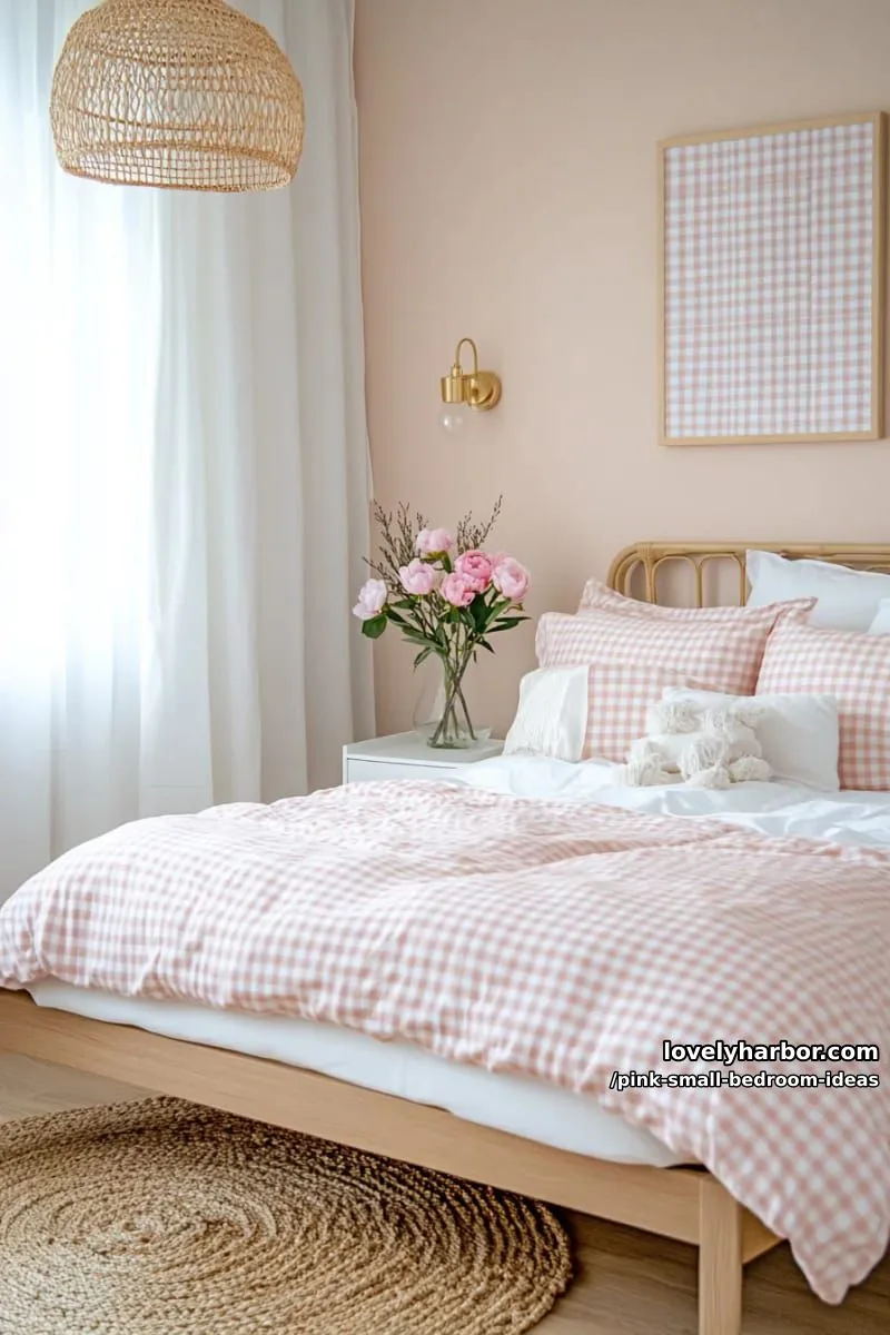 21 Pink Small Bedrooms Ideas You'll Love 37 minimalist pink and white checkered bedding with matching wall art 1