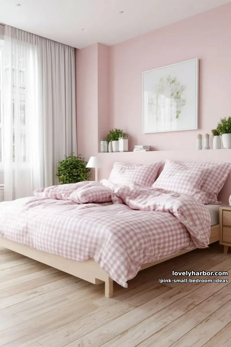 21 Pink Small Bedrooms Ideas You'll Love 39 minimalist pink and white checkered bedding with matching wall art 1
