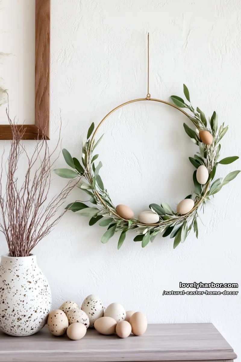 minimalist wall hoop wreath with olive branches and natural eggs 1