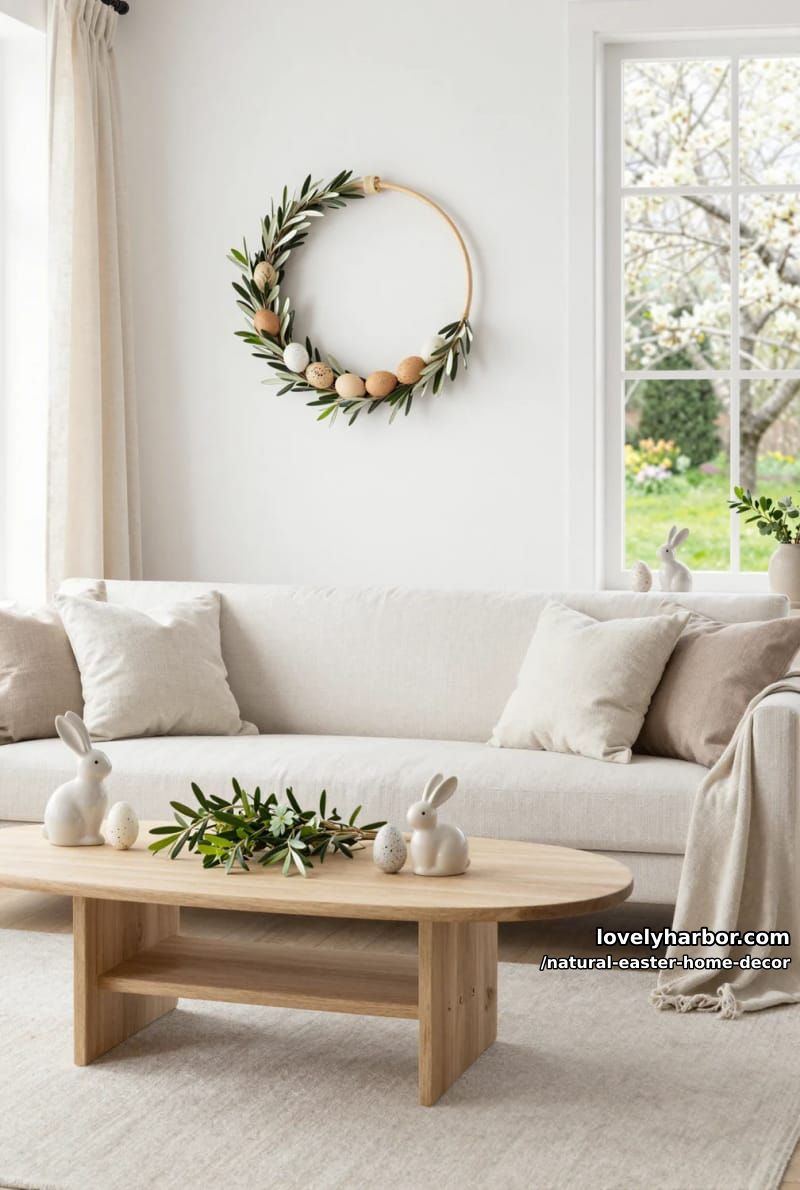 minimalist wall hoop wreath with olive branches and natural eggs 1