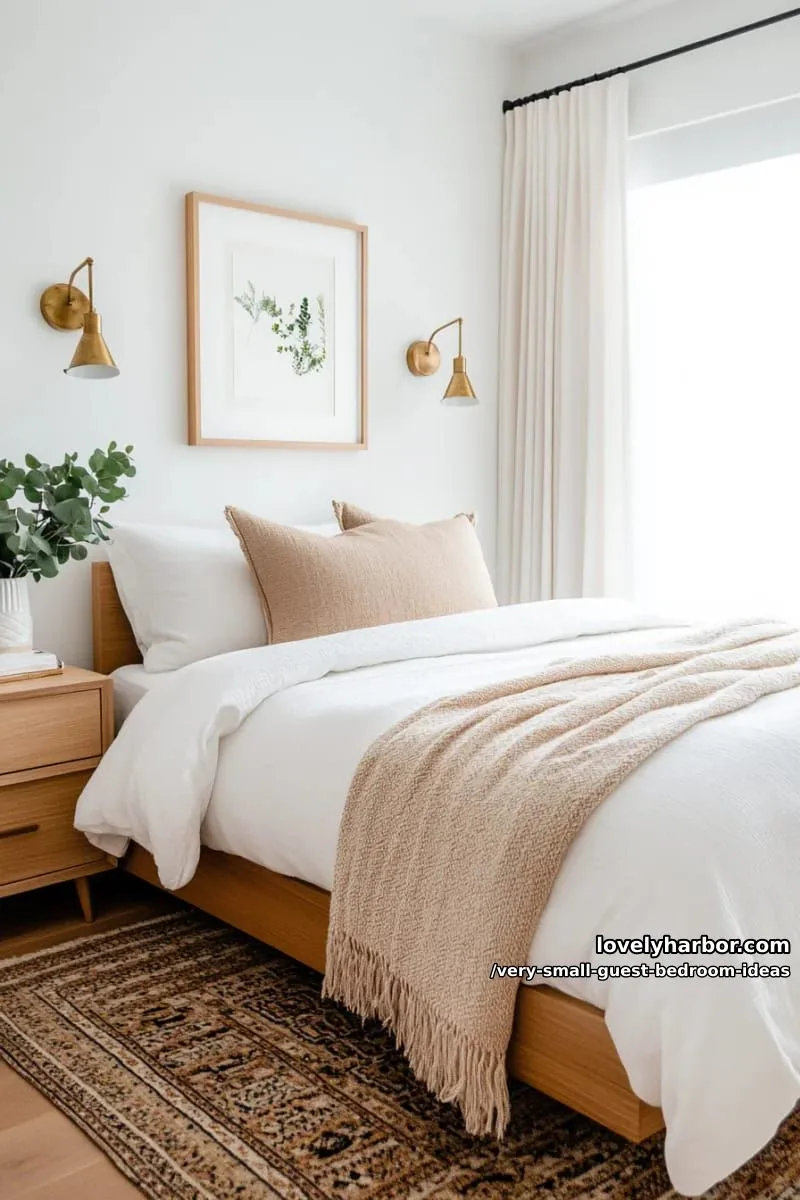 19 Very Small Guest Bedroom Ideas For A Welcoming Retreat 14 minimalist wall sconces with brass details above simple wooden bed 1