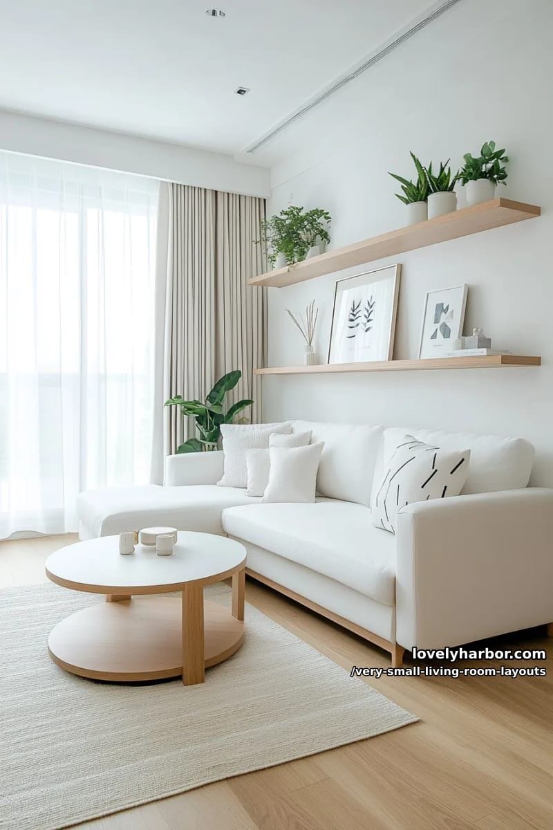 minimalist white furniture with plants on wall-mounted shelves 1