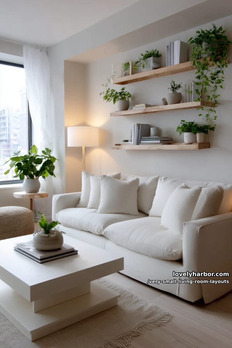 minimalist white furniture with plants on wall-mounted shelves 1