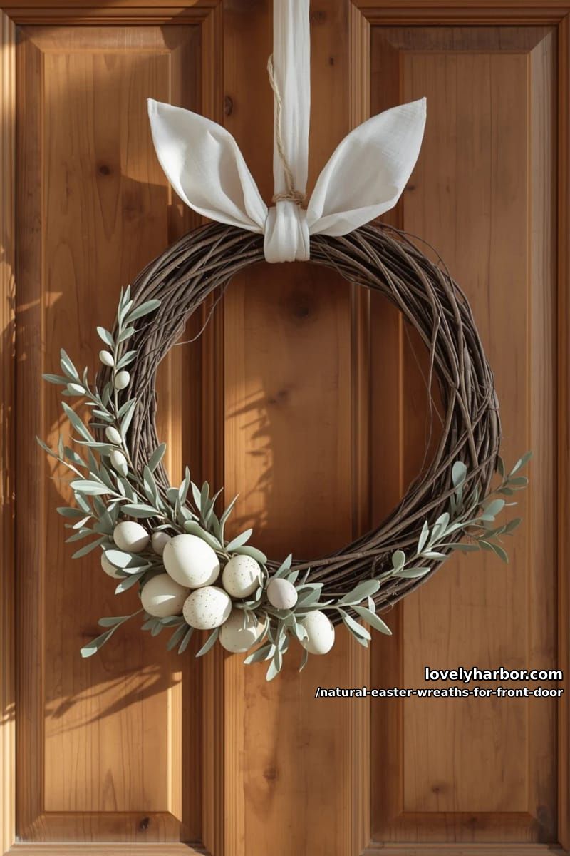 minimalist wreath featuring olive branches, linen ears, and neutral egg clusters 1