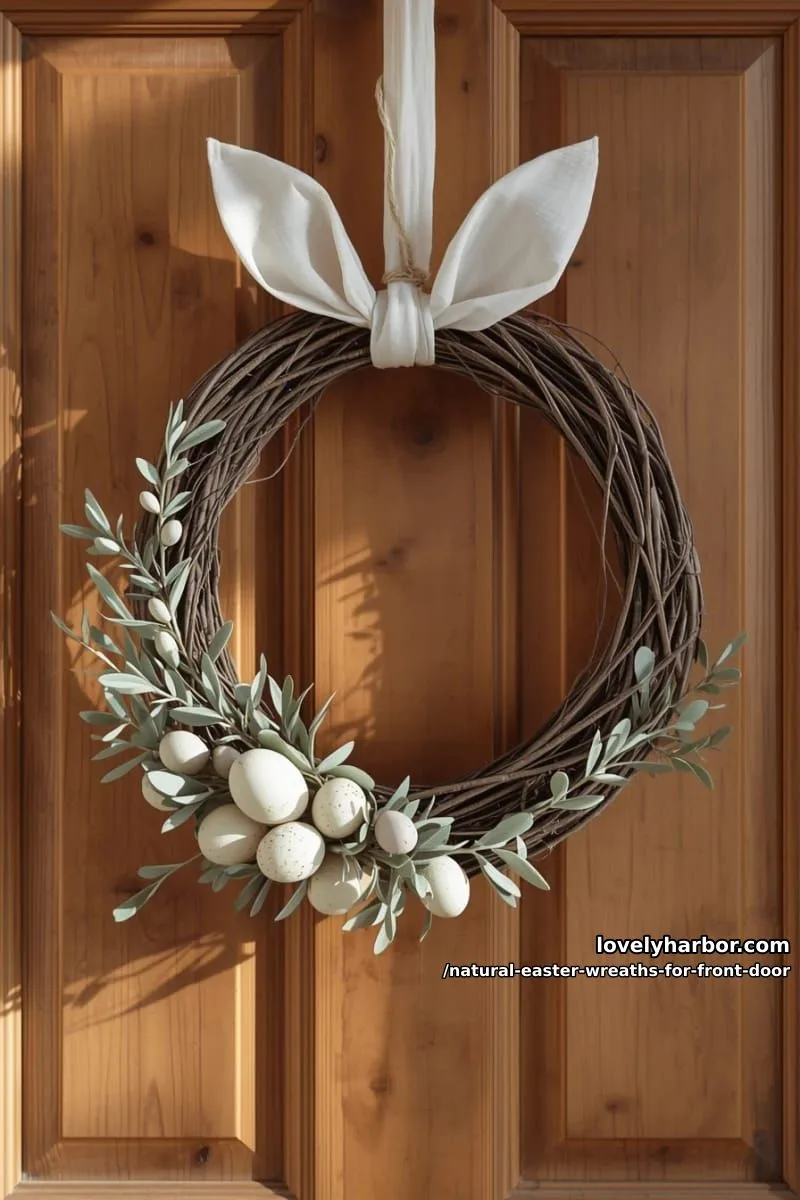 minimalist wreath featuring olive branches, linen ears, and neutral egg clusters 1