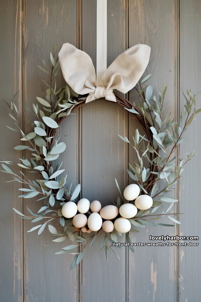 minimalist wreath featuring olive branches, linen ears, and neutral egg clusters 1