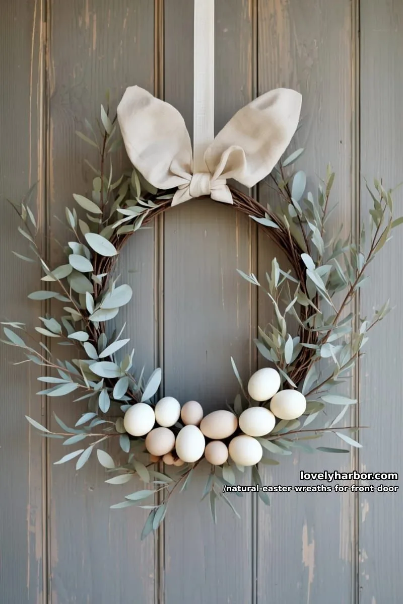 minimalist wreath featuring olive branches, linen ears, and neutral egg clusters 1