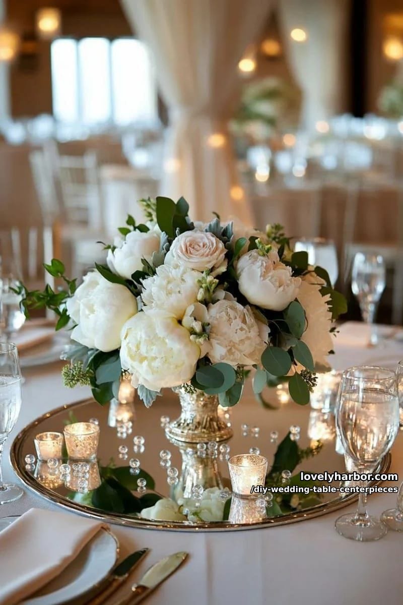 mirrored trays reflecting floral arrangements and crystal beads for elegance 1