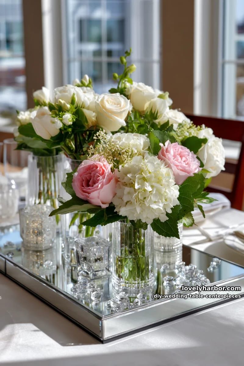 mirrored trays reflecting floral arrangements and crystal beads for elegance 1