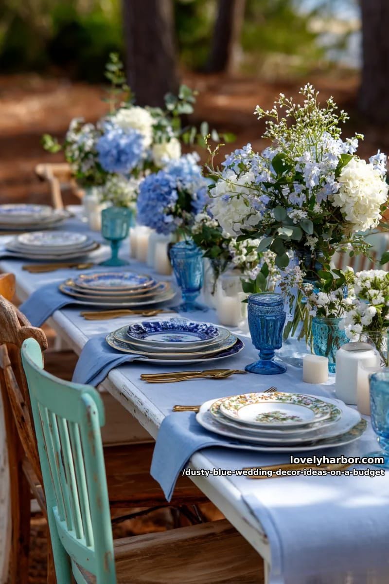 mismatched blue thrift store china for charming table settings 1