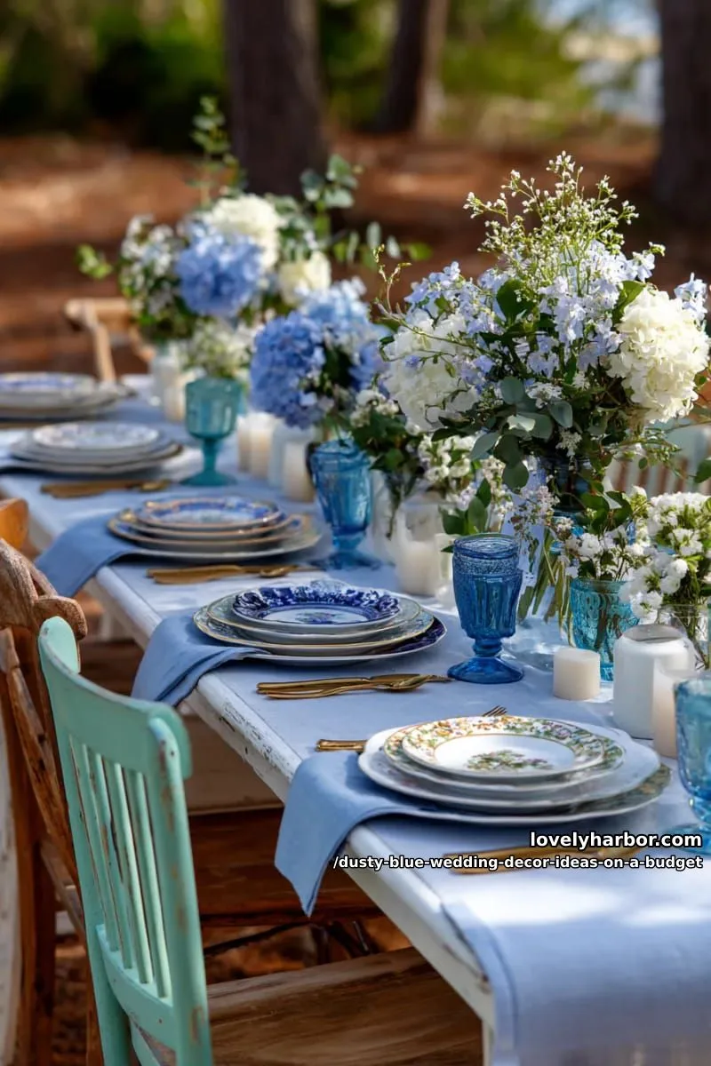 mismatched blue thrift store china for charming table settings 1