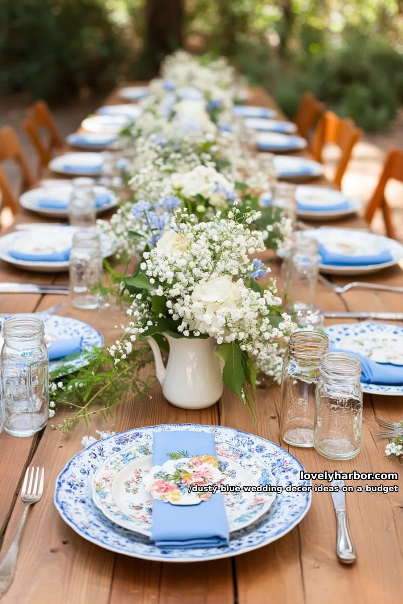 mismatched blue thrift store china for charming table settings 1