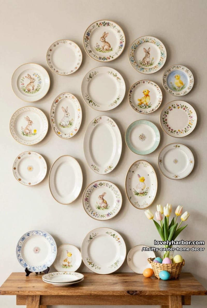 mix-and-match thrifted plates as whimsical easter wall gallery 1