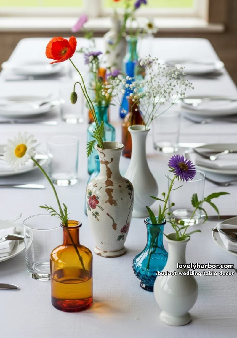 mix-and-match thrifted vases holding single stem wildflowers and baby's breath 1