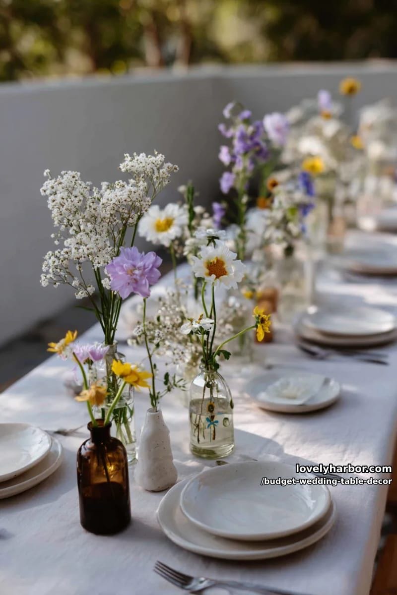 mix-and-match thrifted vases holding single stem wildflowers and baby's breath 1