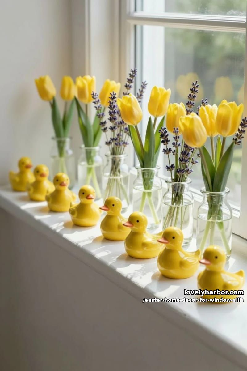 mix ceramic ducklings with yellow tulips and lavender sprigs in jars. 1