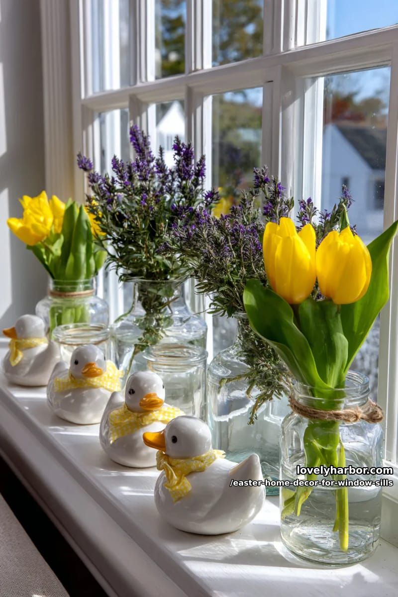mix ceramic ducklings with yellow tulips and lavender sprigs in jars. 1