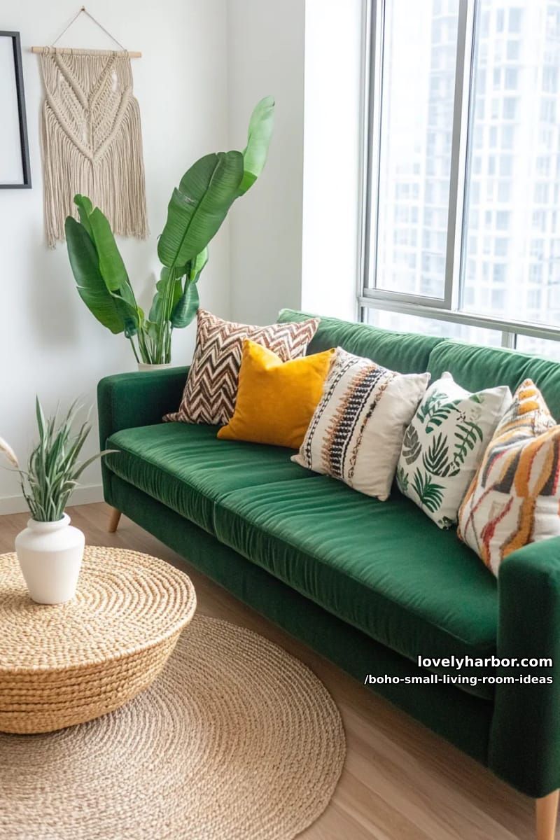 mix mismatched patterned throw pillows on a compact velvet sofa. 1
