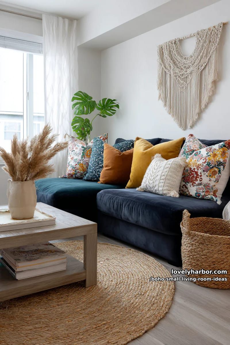 mix mismatched patterned throw pillows on a compact velvet sofa. 1