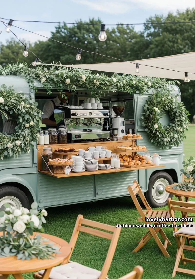 mobile coffee van adorned with greenery and fresh eucalyptus wreaths 1