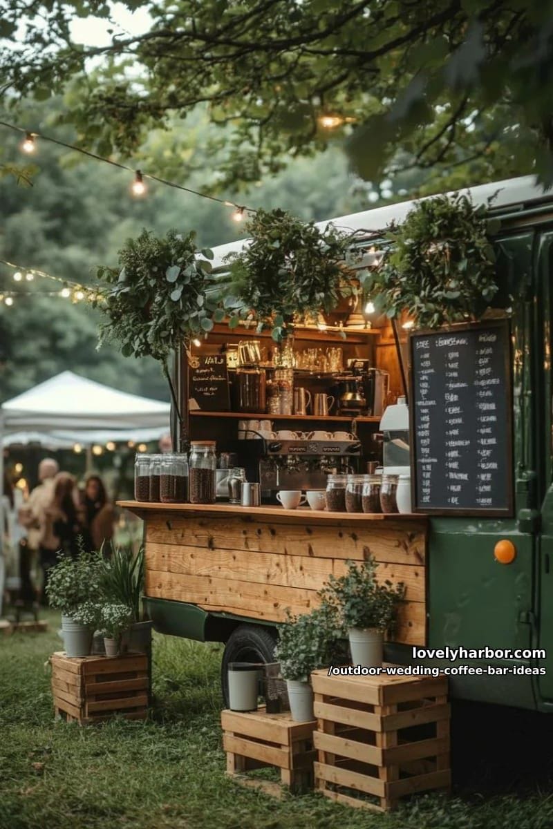 mobile coffee van adorned with greenery and fresh eucalyptus wreaths 1