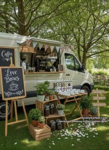 mobile coffee van parked among trees, styled with bunting and signage 29