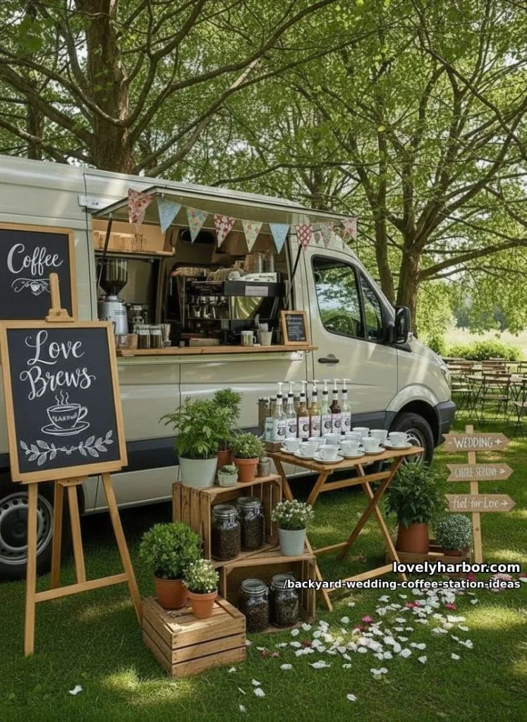 mobile coffee van parked among trees, styled with bunting and signage 29