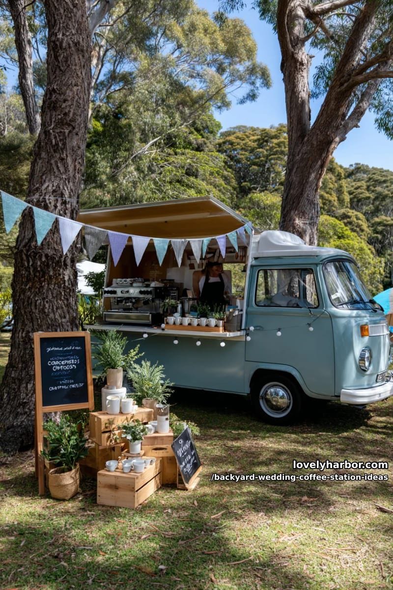 mobile coffee van parked among trees, styled with bunting and signage 1