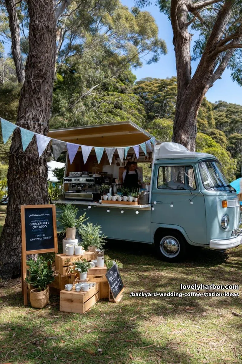 15 Backyard Wedding Coffee Station Ideas For Your Reception 30 mobile coffee van parked among trees, styled with bunting and signage 1
