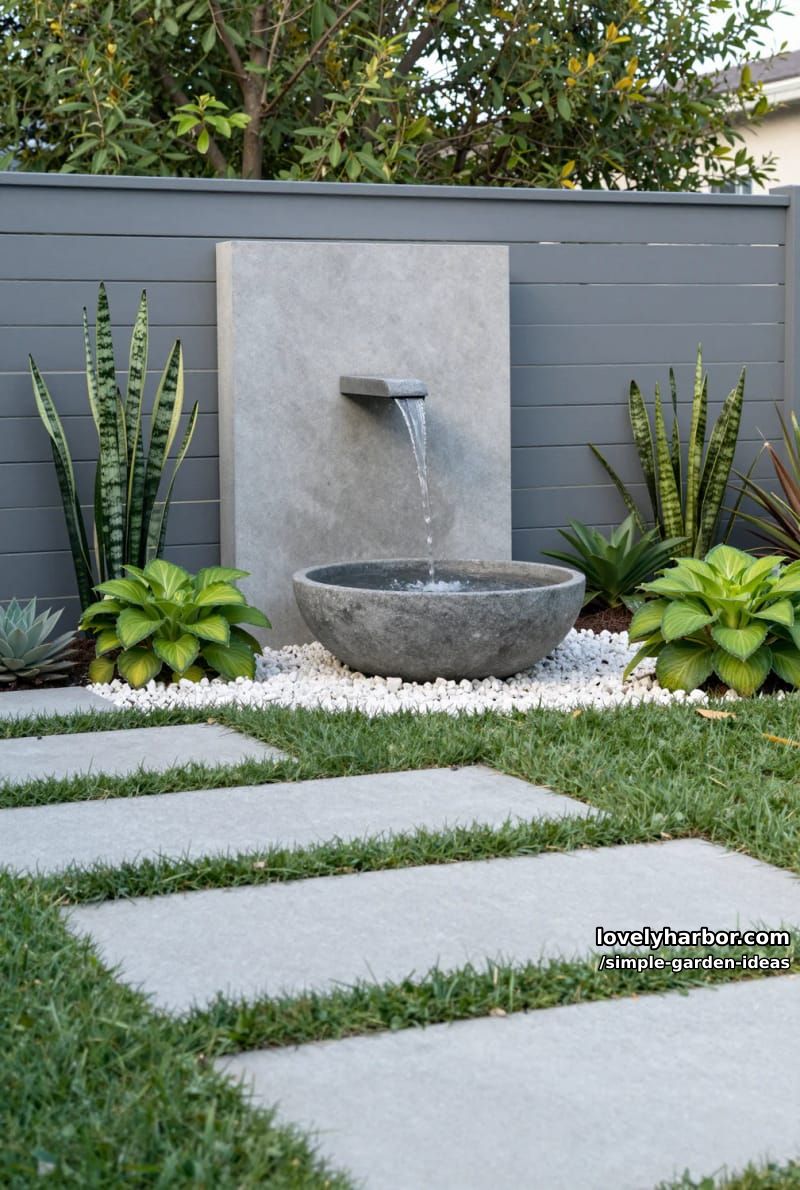 modern backyard garden with minimalist water fountain and succulents 1