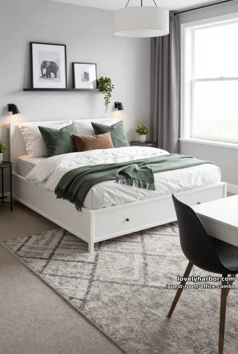 modern bedroom with daybed, black shelf, reading lights, and green accents. 1