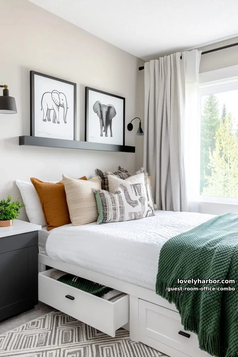 modern bedroom with daybed, black shelf, reading lights, and green accents. 1