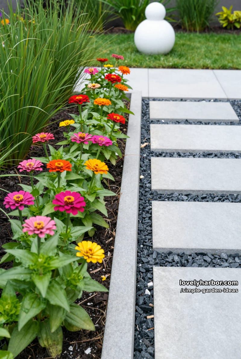 modern garden with raised zinnia bed, stone pavers, and abstract sculpture 1
