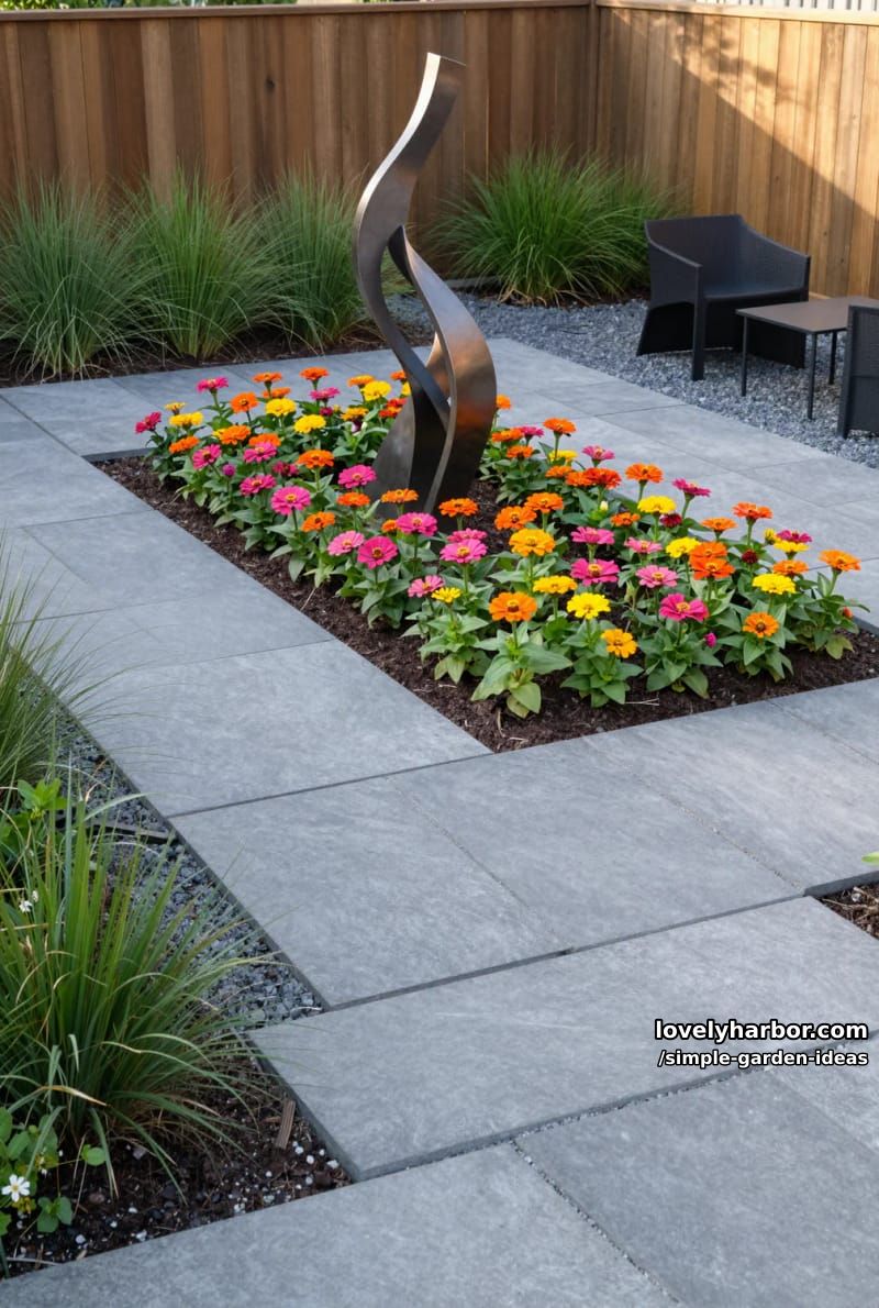 modern garden with raised zinnia bed, stone pavers, and abstract sculpture 1