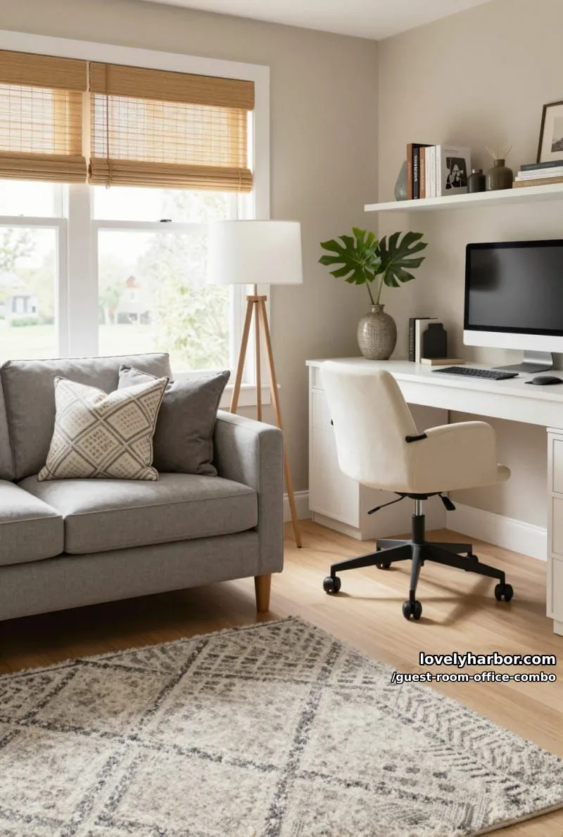 modern home office with gray sofa, built-in desk, bamboo blinds, and soft rug. 1