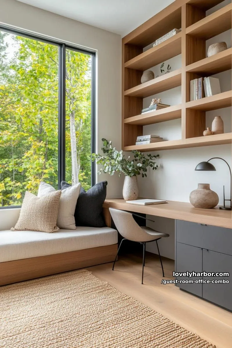 modern office with neutral palette, wood desk, and built-in gray cabinetry. 1