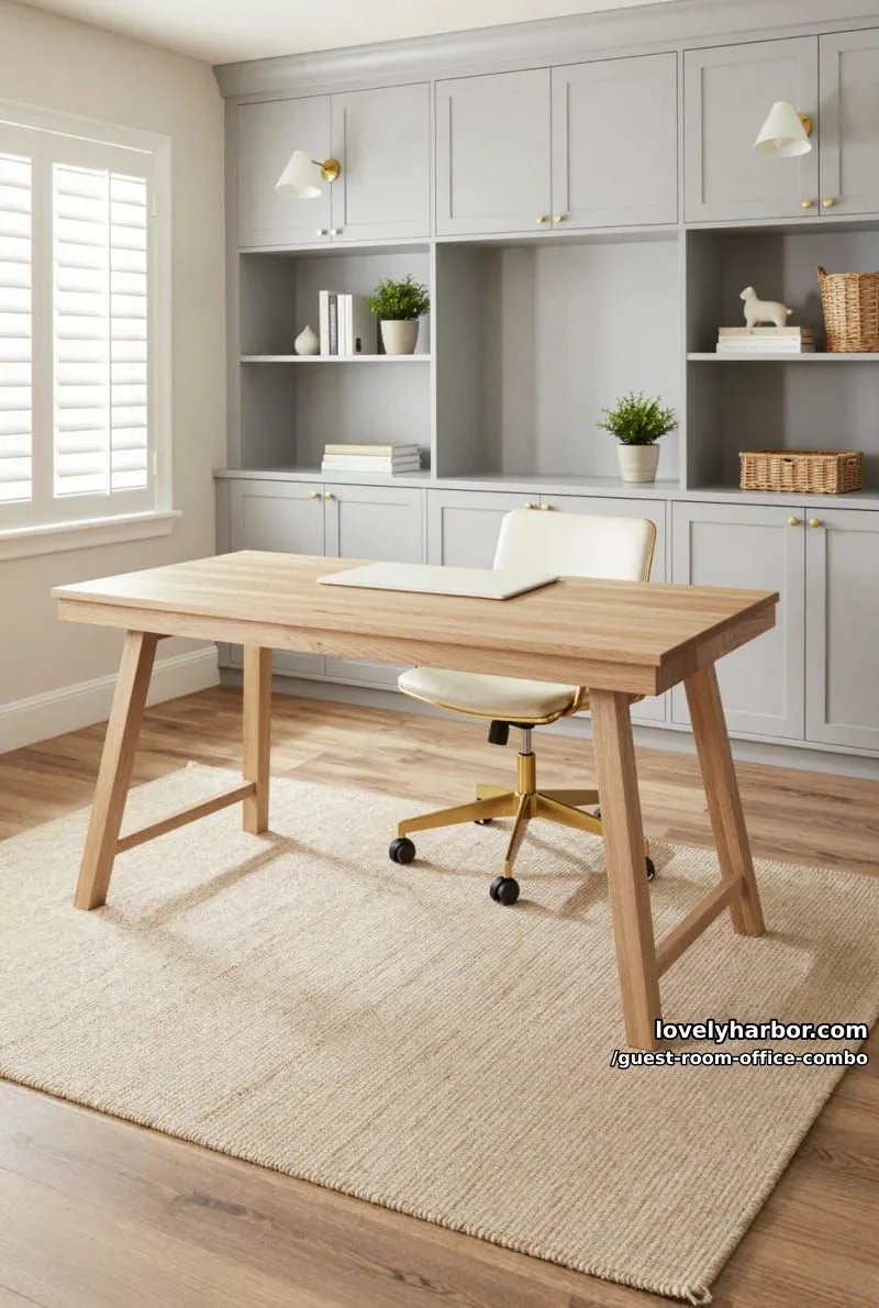 modern office with neutral palette, wood desk, and built-in gray cabinetry. 1