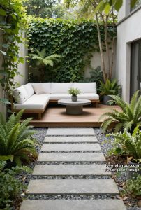 modern patio with stone pathway, wooden deck, sectional sofa, and lush greenery. 1