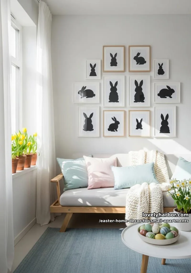 modern scandinavian bunny silhouette art in simple frames on gallery wall 1