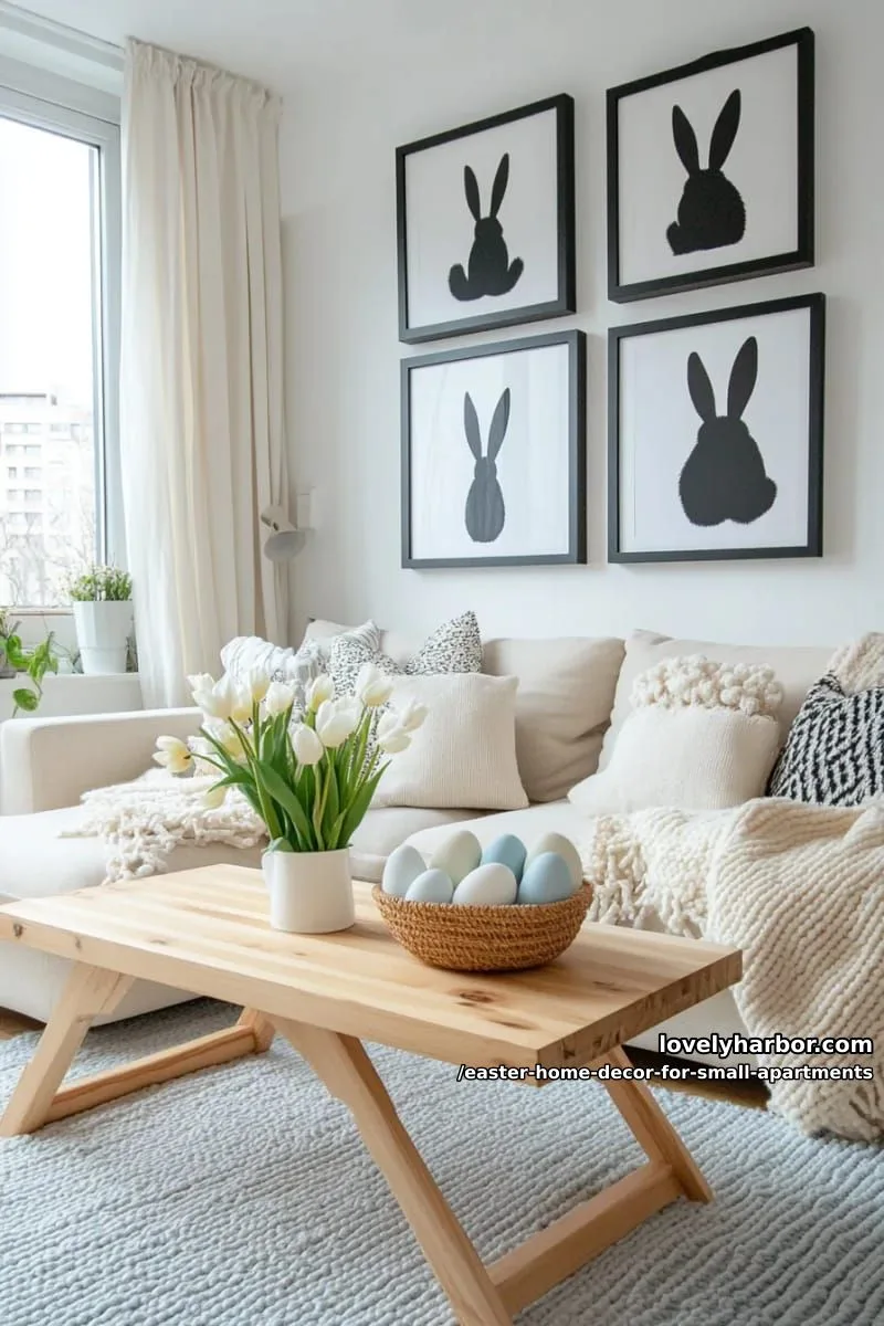 modern scandinavian bunny silhouette art in simple frames on gallery wall 1