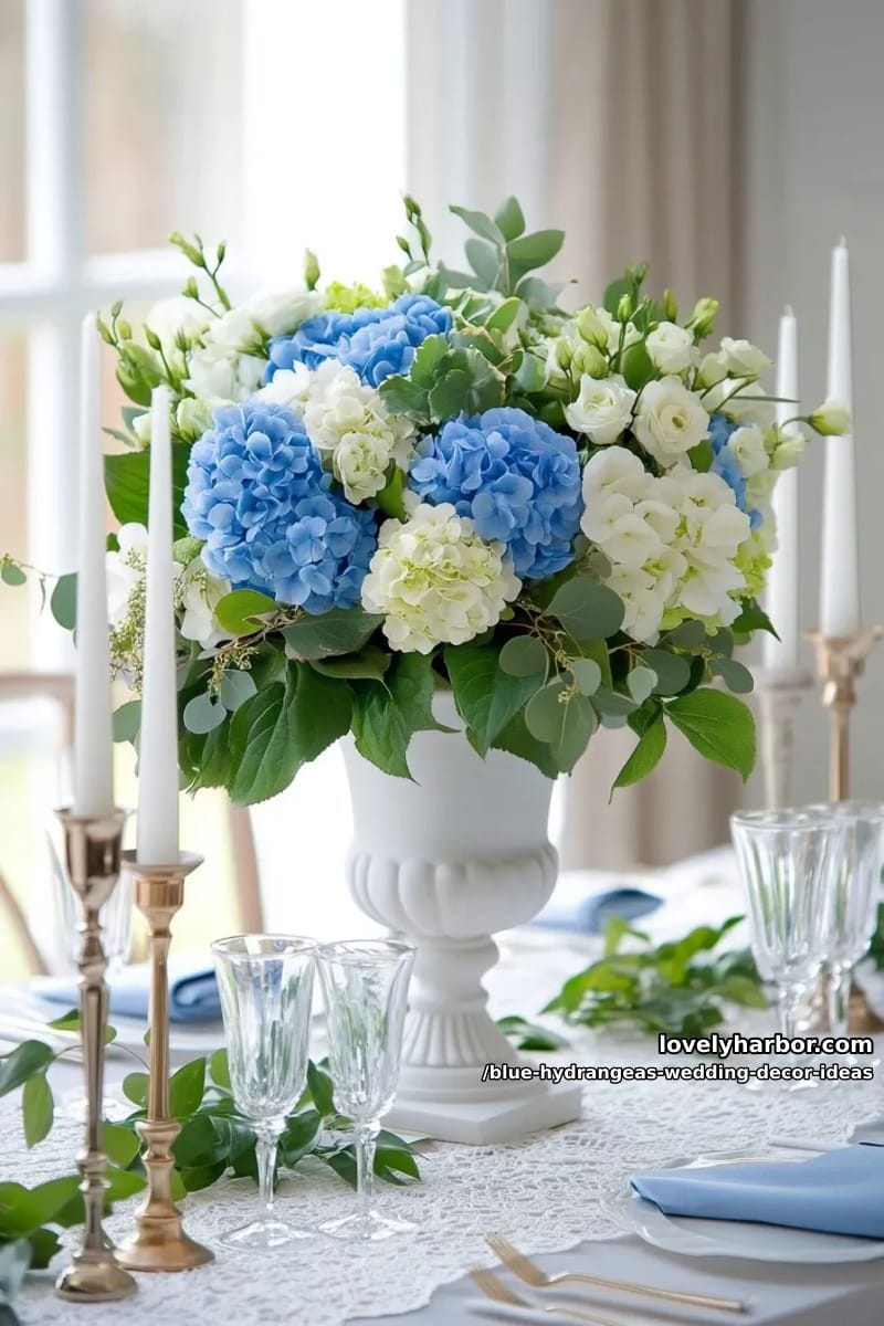 modern white urns overflowing with blue hydrangeas and greenery 1