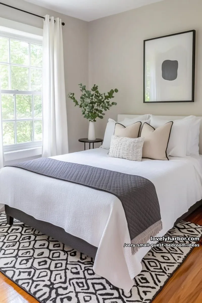 19 Very Small Guest Bedroom Ideas For A Welcoming Retreat 22 monochrome bedding with contrasting textured throw and patterned rug 1
