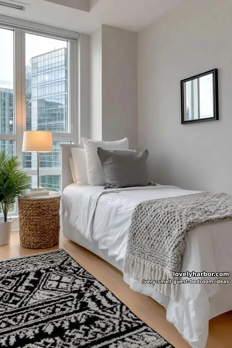 19 Very Small Guest Bedroom Ideas For A Welcoming Retreat 23 monochrome bedding with contrasting textured throw and patterned rug 1