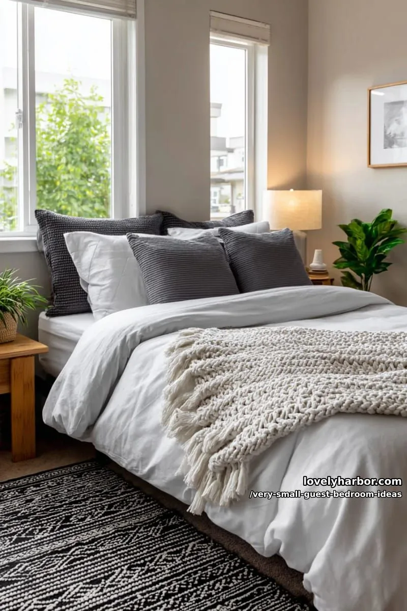 19 Very Small Guest Bedroom Ideas For A Welcoming Retreat 24 monochrome bedding with contrasting textured throw and patterned rug 1