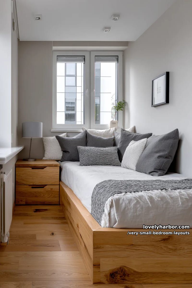 monochrome minimalism with a bed on a raised wooden platform. 1