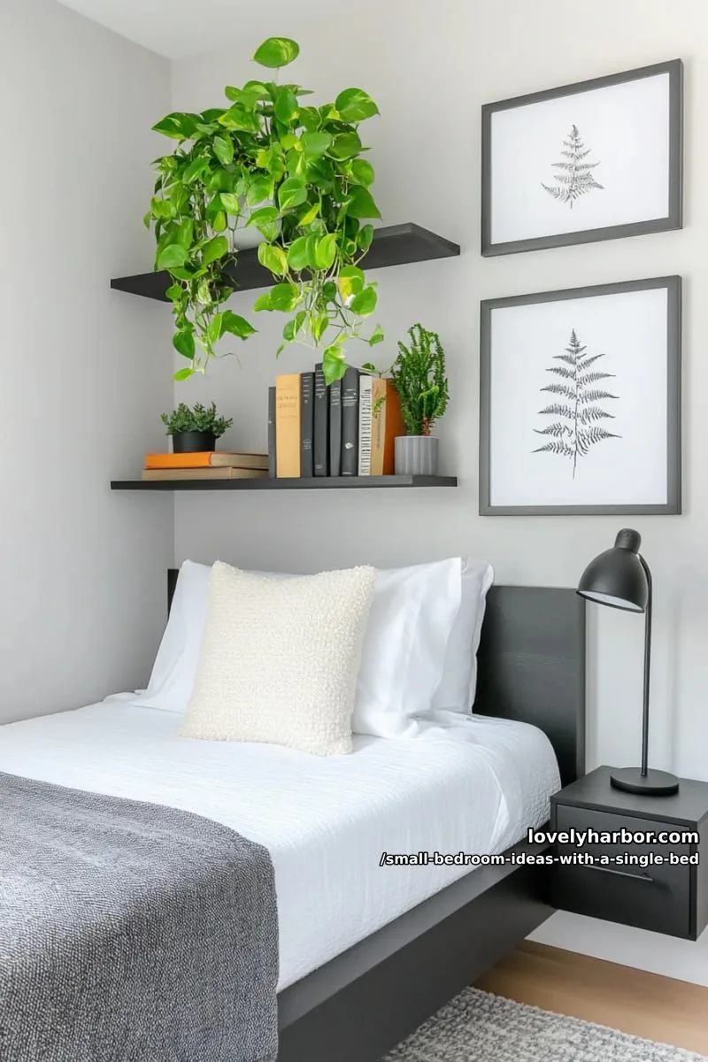 monochrome palette with a high shelf for books and trailing plants above bed. 1
